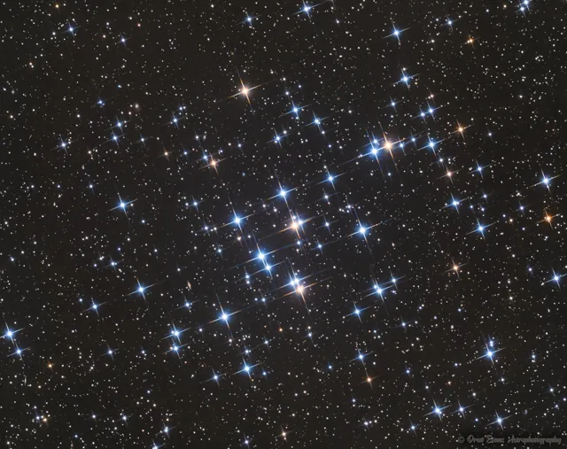 Bright blue stars and scattered yellowish giants in the Beehive Cluster